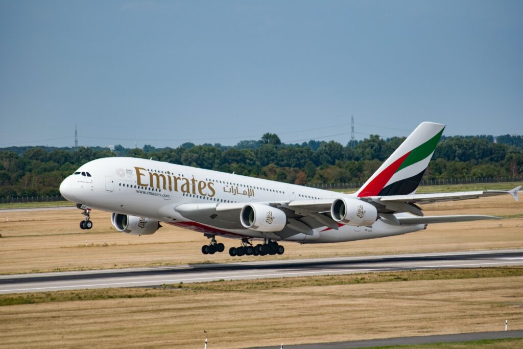white Emirates aircraft