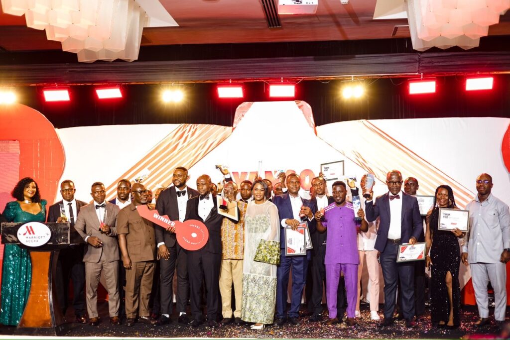 "Group photo from the 2nd Yango Digital Mobility Awards 2025 at Marriott Hotel in Accra, featuring winners, dignitaries, and Yango Ghana executives."
