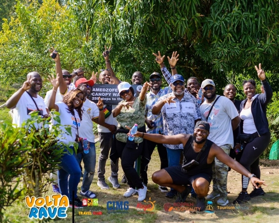 Tourists enjoying cultural performances and canopy walkway adventure during Volta Rave in Ghana’s Volta Region.