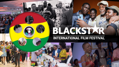 Black Star International Film Festival 10th Anniversary banner with filmmakers, actors, and guests at a film screening event in Ghana.