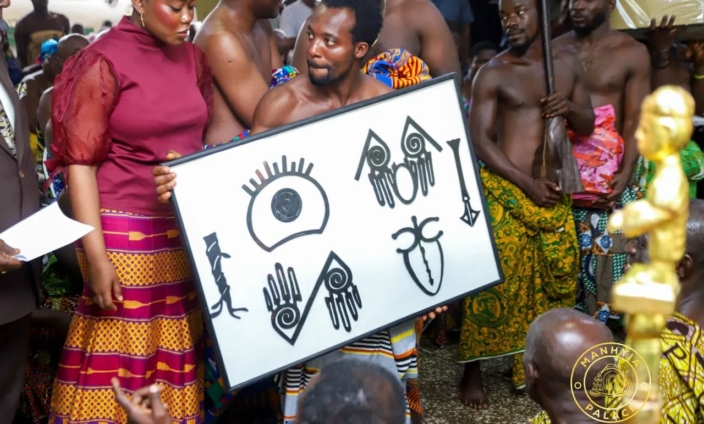 Newly unveiled Adinkra symbols honouring Otumfuo Osei Tutu II’s leadership, presented during the Awukudae festival at Manhyia Palace.