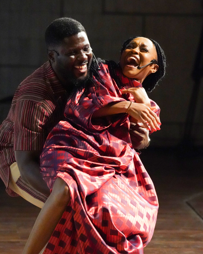 Cast of Honeymoon Hotel performing live on stage at the National Theatre in Accra, directed by Shirley Frimpong-Manso.