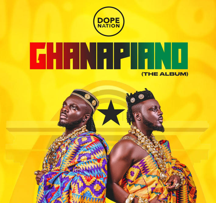DopeNation twin duo posing in stylish outfits to promote their GhanaPiano album release.