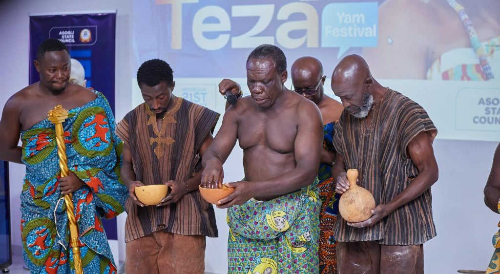 Dignitaries and community members celebrate the launch of the 2025 Asogli Yam Festival in Ho with traditional music and dance.