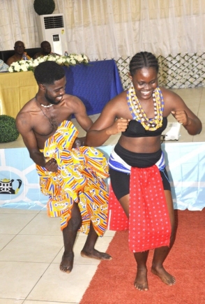 Dignitaries and community members celebrate the launch of the 2025 Asogli Yam Festival in Ho with traditional music and dance.