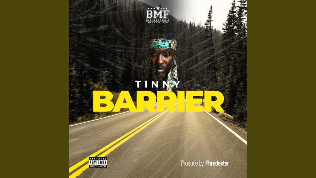 Cover art for Tinny’s new Afropop single Barrier, featuring bold typography and vibrant design elements.