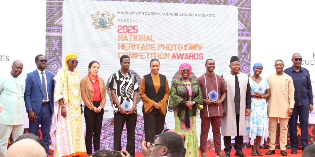 Young winners receiving awards at the 2025 National Heritage Photo Competition held at Kwame Nkrumah Memorial Park in Accra.