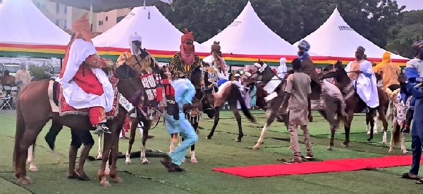 Traditional Hausa leaders and youth gather for a cultural performance during World Hausa Day 2025 celebrations in Accra.
