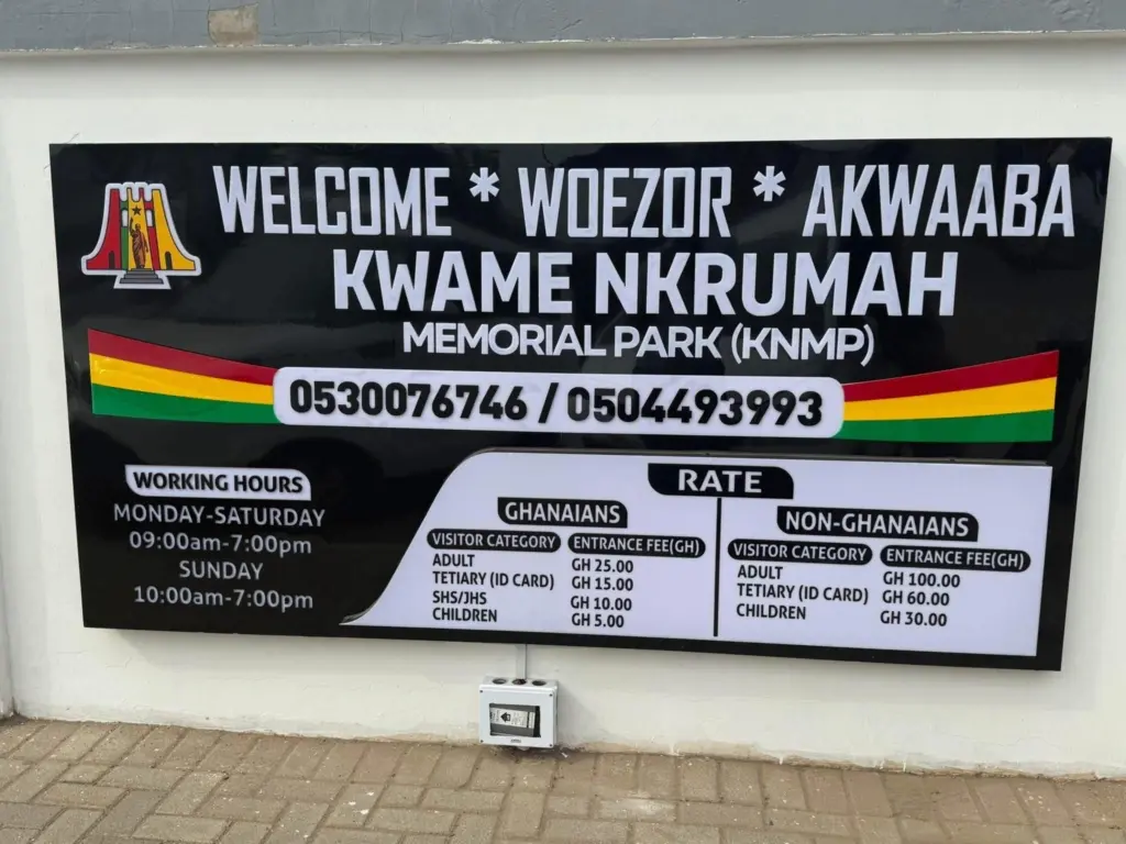 Kwame Nkrumah Memorial Park welcome signage with Akan and Ewe greetings